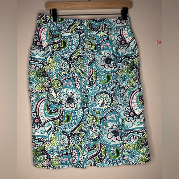 Lilly Pulitzer Melanie Pencil Knee-Length Skirt Blue Floral Peacock Women’s 6 - Picture 2 of 6